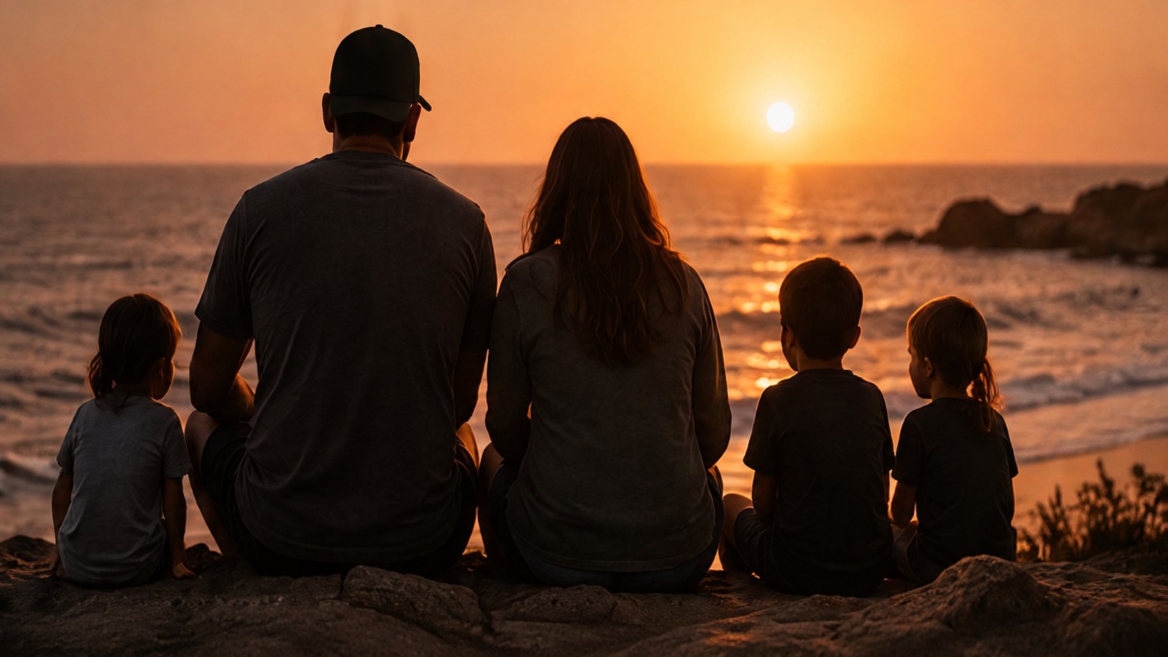 Illustrative family sharing a sunset by the ocean