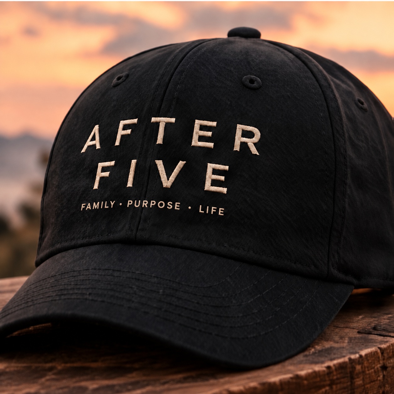 Black After Five hat concept with FAMILY · PURPOSE · LIFE in small cream caps beneath the wordmark