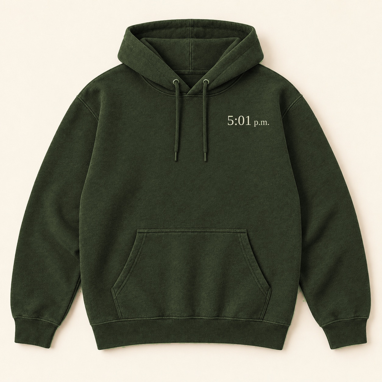 Olive hoodie front concept with cream 5:01 p.m. chest text