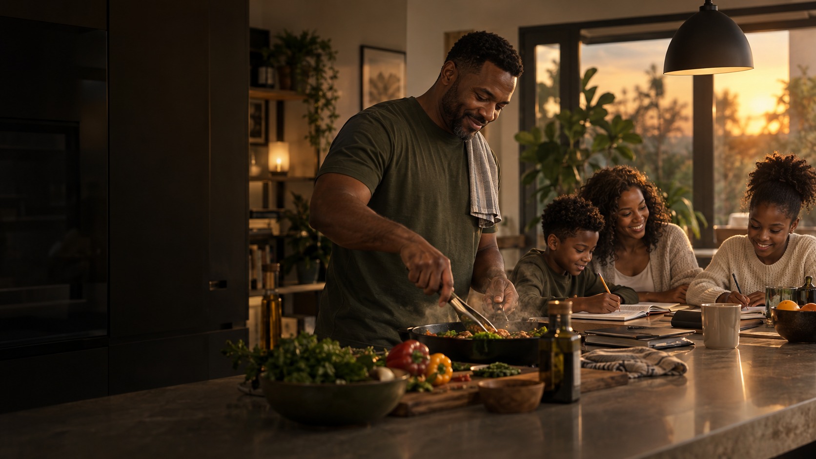 Illustrative Black family cooking and spending time together at home